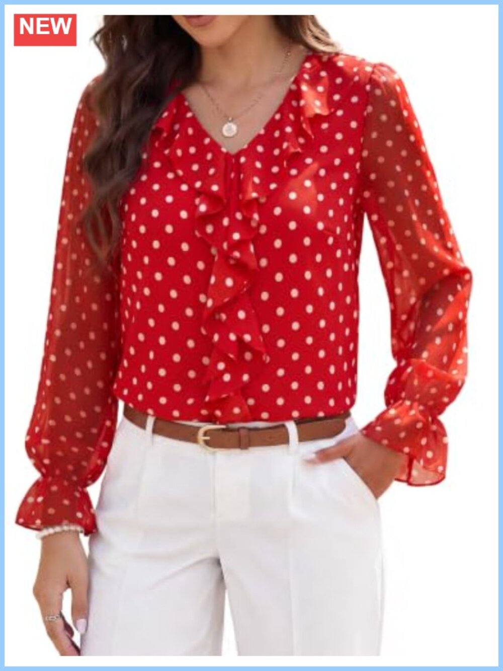 Women's Sheer Chiffon Ruffled V-Neck Bell Sleeve Blouse